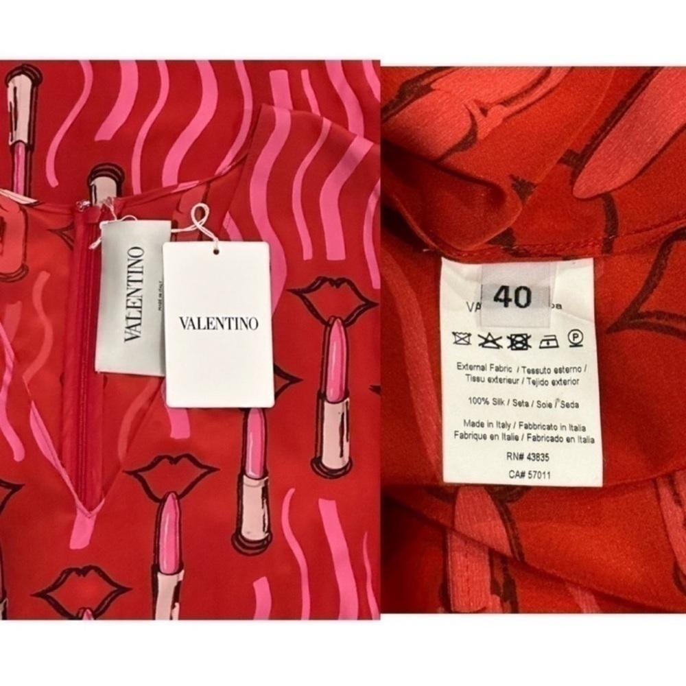 VALENTINO SILK Red Lips Lipstick Printed silk-crepe front wrap midi dress SIZE 4 - Picture 13 of 16